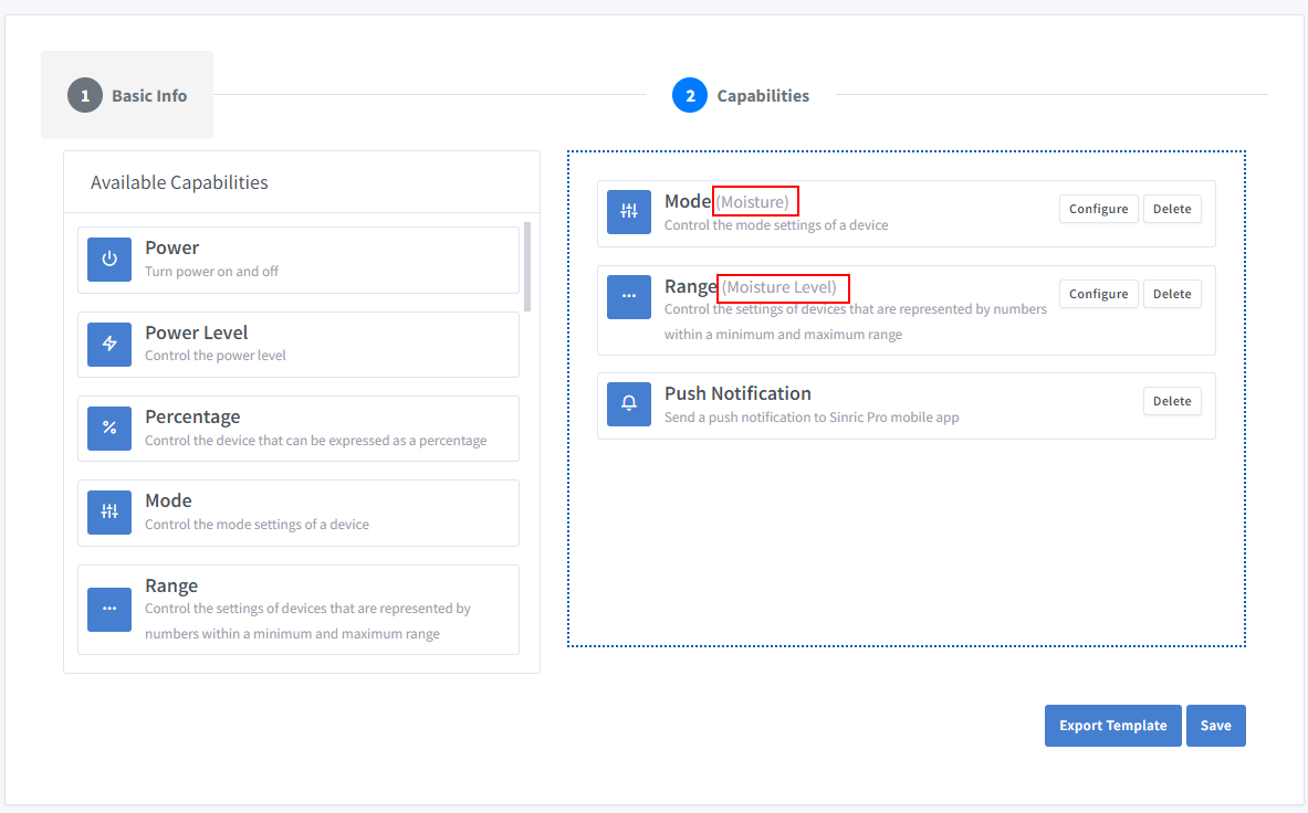Sinric Pro moisture sensor template mode and range settings
